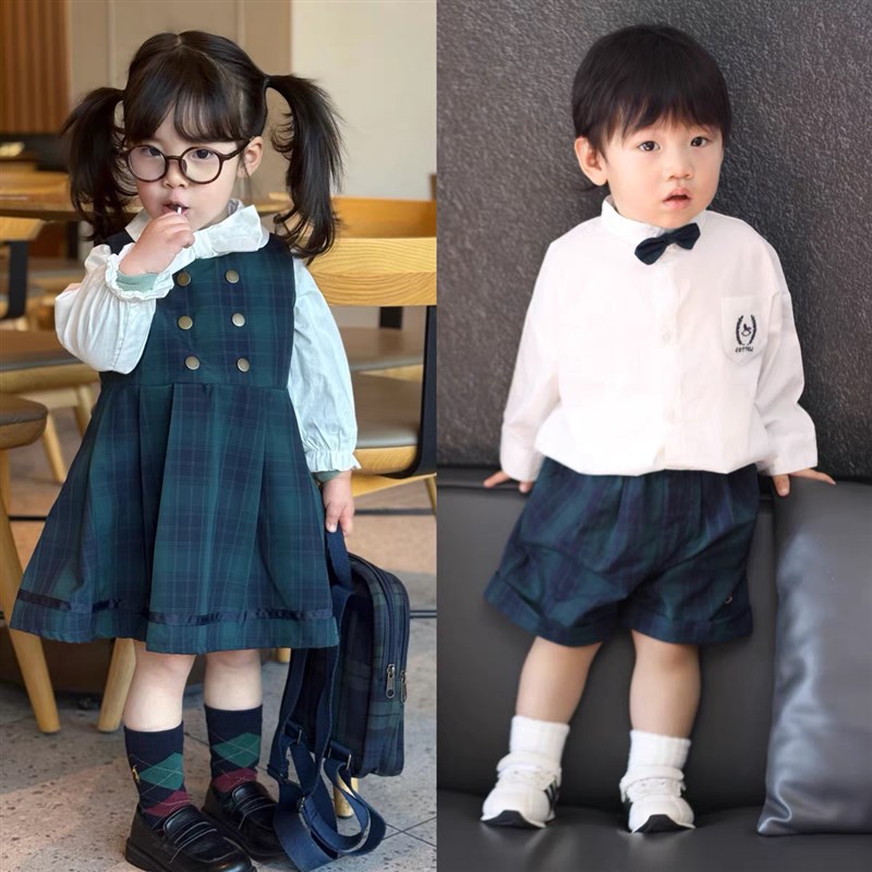 现货小木马25春夏可爱图格子满印男女宝入学学院风套装80-120