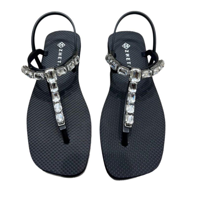 2024夏季新品橡m胶防滑凉鞋女士外穿时尚方头平底亮钻夹脚沙滩凉