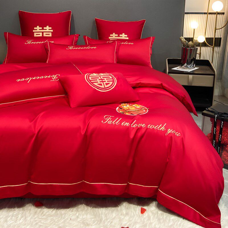 2024新款高档结婚床上用品四件套高级感婚庆婚房床单被套红色被罩