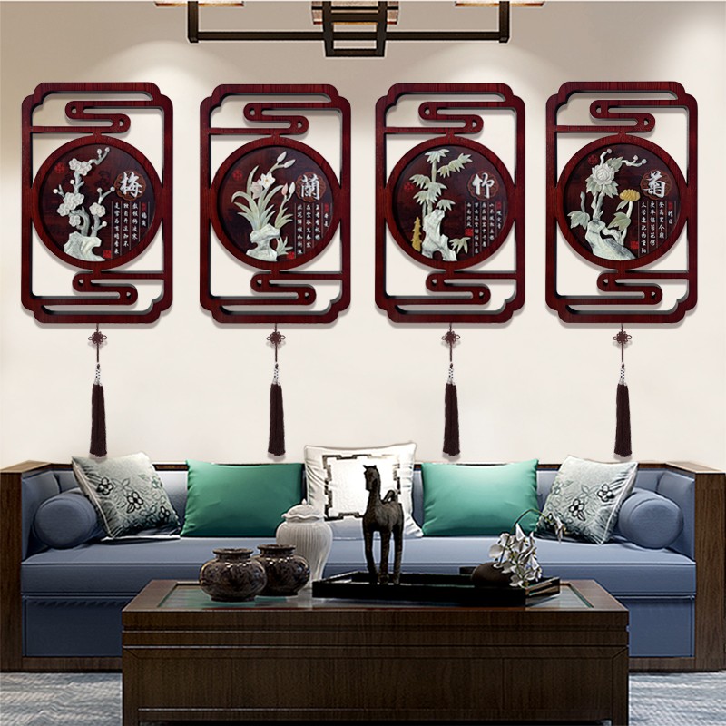 客厅装饰画梅兰竹菊墙壁挂画新中式餐厅玉雕画沙发背景墙浮雕画
