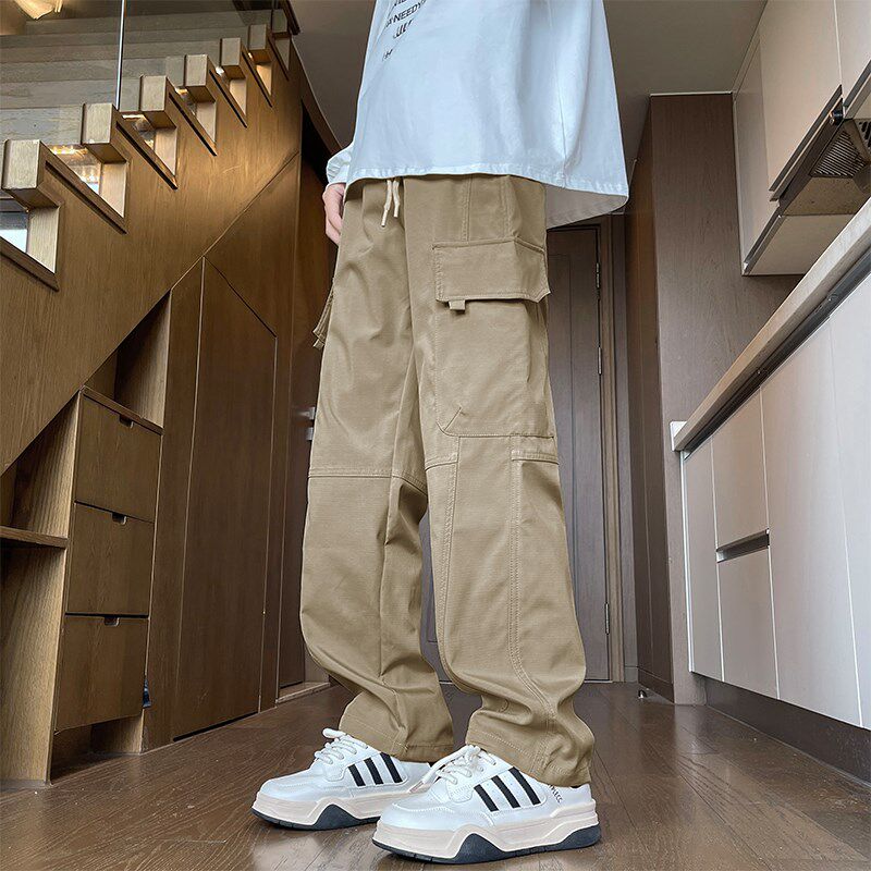 卡其色加长工装裤男生高个子190宽松直筒秋冬加绒休闲冲锋裤男款