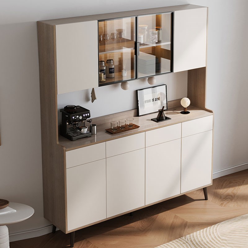 实木餐边柜双层现代简约靠墙一体餐厅酒柜窄型定制收纳柜带玻璃门