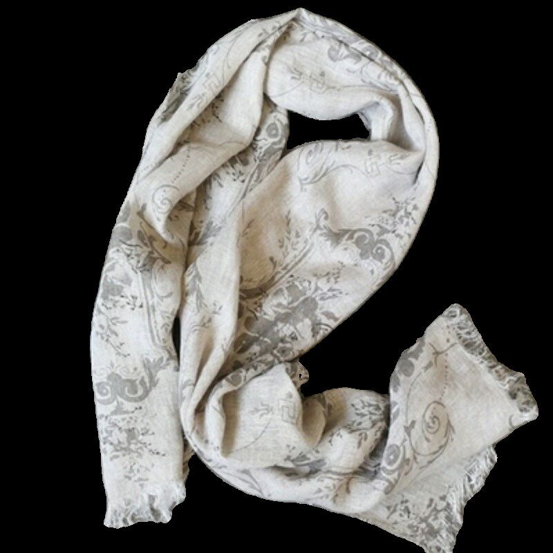 100%纯亚麻围巾 四季款披肩防晒丝巾出游日系长款印花围巾女包邮