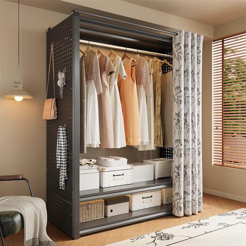 货架衣柜简易组装家用卧室出租房用钢制防尘帘挂衣柜洞洞板衣帽间