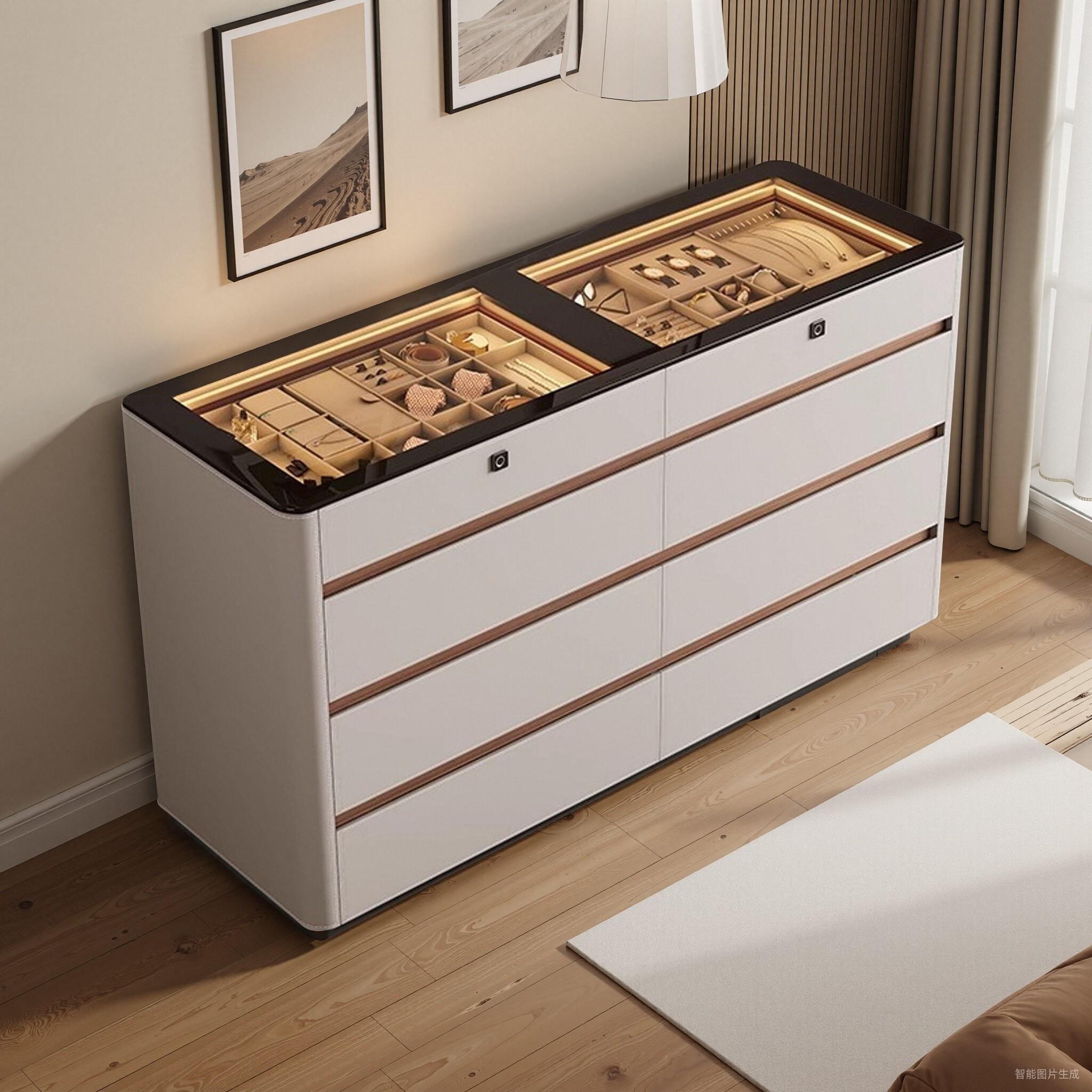 卧室床尾储物柜家用抽屉指纹锁斗柜轻奢衣帽间珠宝首饰收纳展示柜