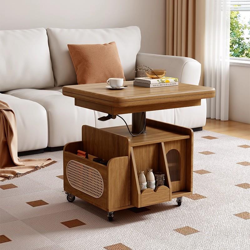 实木可移动升降茶几小户型客厅折叠边几家用高级感多功能沙发边柜