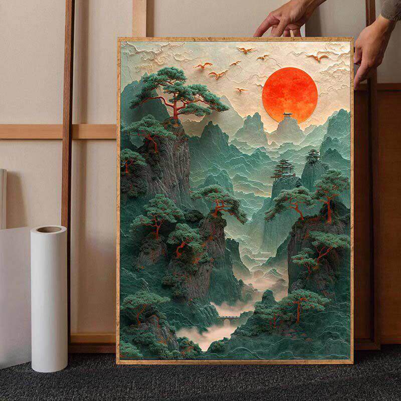 新中式山水装饰画国风画风景艺术壁画入门玄关挂画太阳悬挂家庭画