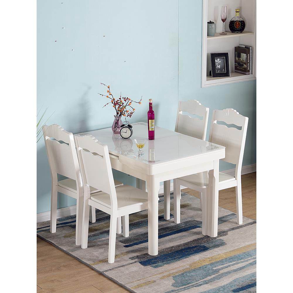 伸缩餐桌小户型家用现代简约白色烤漆抽拉式桌椅组合钢化玻璃饭桌