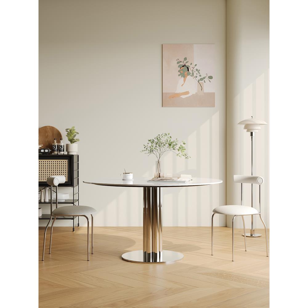 德利丰不锈钢岩板餐桌圆形阳台家用意式极简轻奢小户型吃饭圆桌子