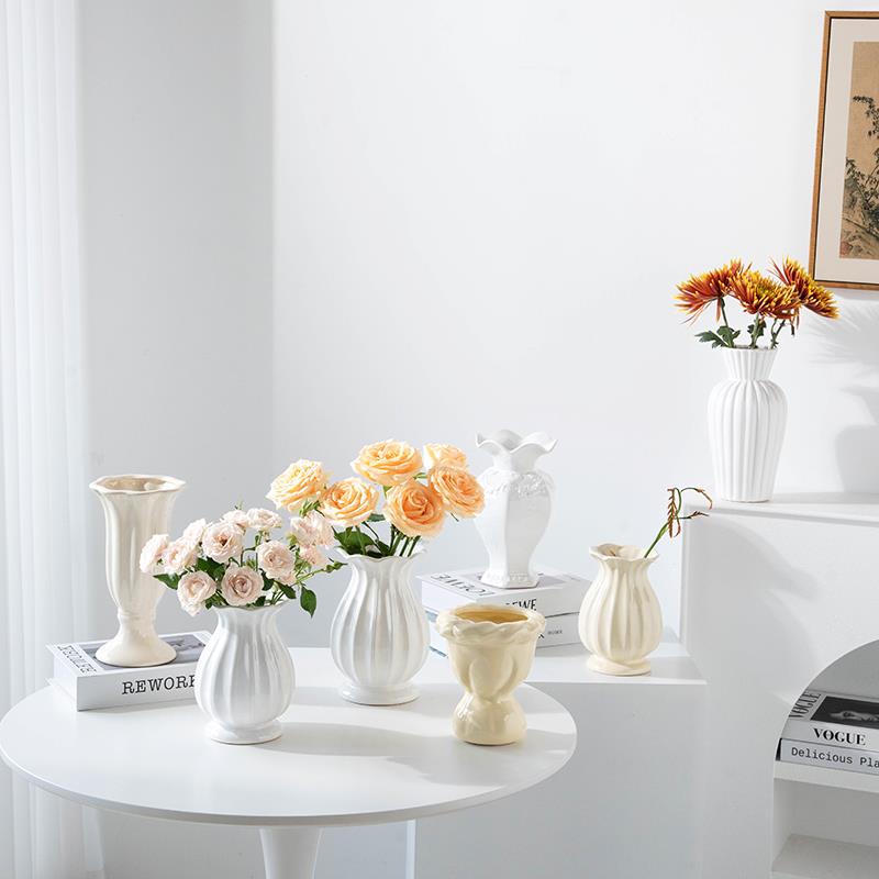 欧式陶瓷花瓶高级感覆古法式白色客厅插花玫瑰芍药鲜花餐桌摆件大
