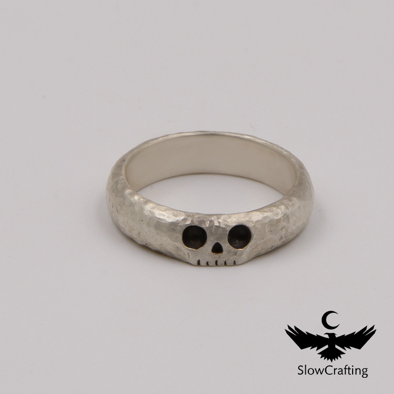 SlowCrafting泥鳅背锤纹925纯银骷髅戒指纯手工情侣对戒男女尾戒