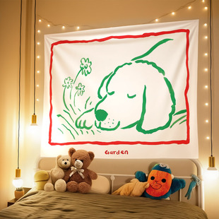 ins简约小狗线条学生宿舍床头挂布背景布房间卧室拍照墙布治愈系