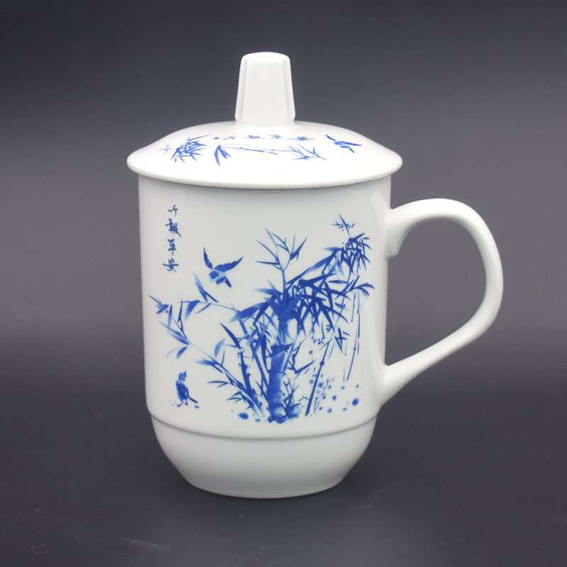 陶瓷带盖茶杯办公会议杯景德镇骨瓷茶具套装家用水杯十个定制刻字