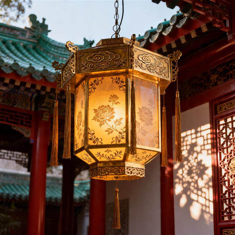 全铜中式仿古吊灯实木餐厅客厅灯具中国风雕花流苏吊灯戏曲风宫灯