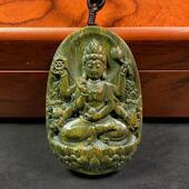 绿檀木雕刻生肖守护神千手观音文殊普贤菩萨挂件实木吊坠平安木牌