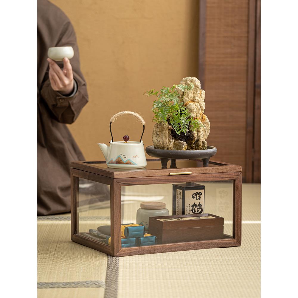 胡桃木实木人物收纳盒家庭客厅防尘展示柜茶具收纳架紫色陶罐收纳