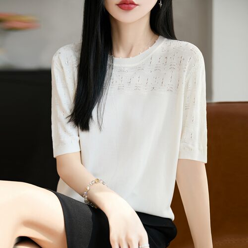 撤标撤柜（A）2026新款烫钻时尚针织短袖t恤女夏季薄款冰丝针织衫