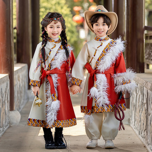 男童少数民族风服装秋冬季加绒女童藏族蒙古族表演服儿童加厚套装