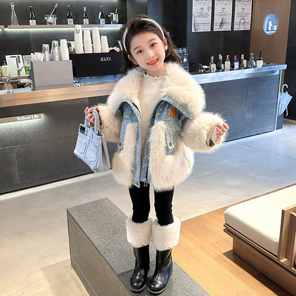 女童仿皮草加绒加厚牛仔外套秋冬款2024新款洋气棉服冬装韩版棉衣
