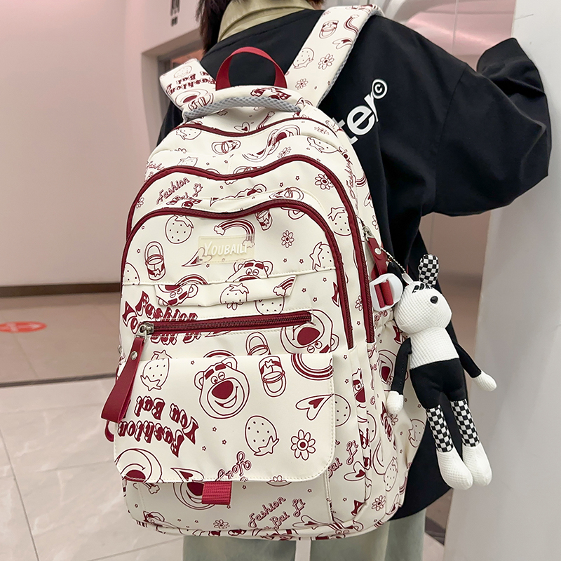 草莓熊大容量双肩背包女初中高中