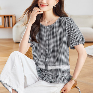 甜美减龄百搭小衫 圆领格子短袖 新款 衬衫 上衣女 女2025年夏季