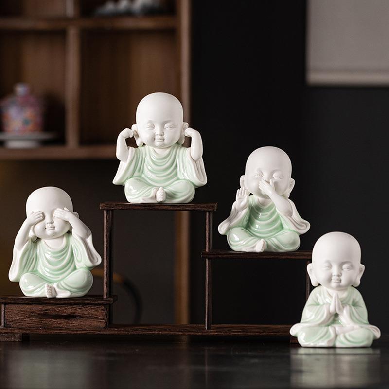 中式禅意四不小和尚摆件陶瓷人物佛系家居客厅博古架装饰品微景观