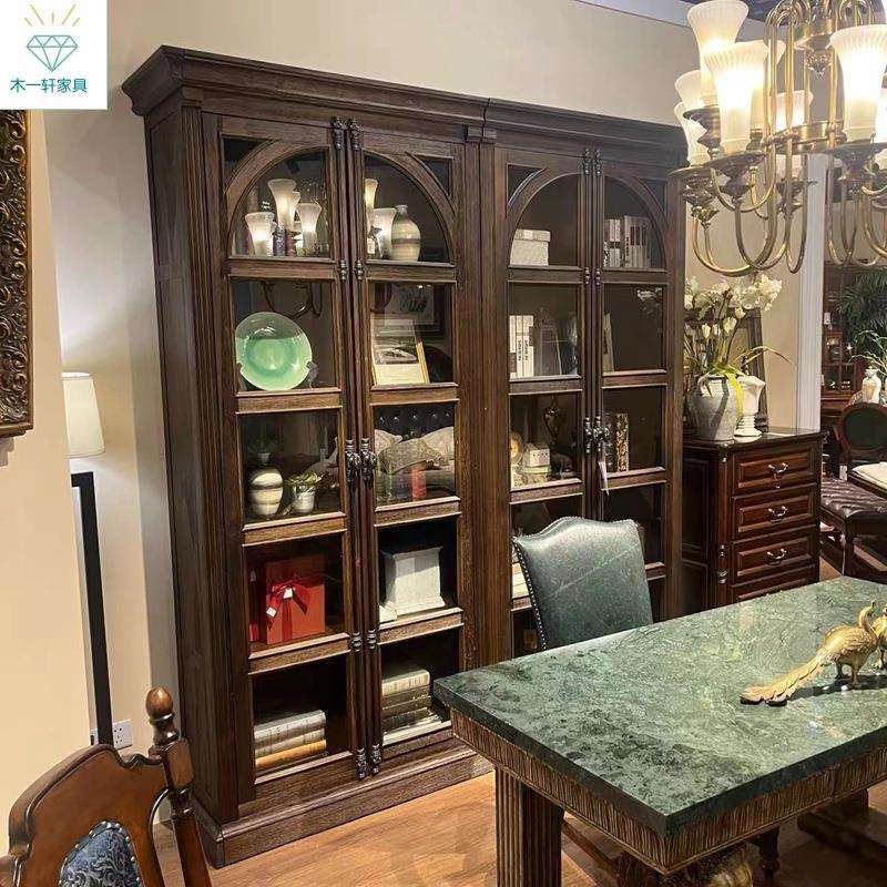 法式复古拱形书柜美式实木做旧满墙组合书房客厅展示柜储物酒柜