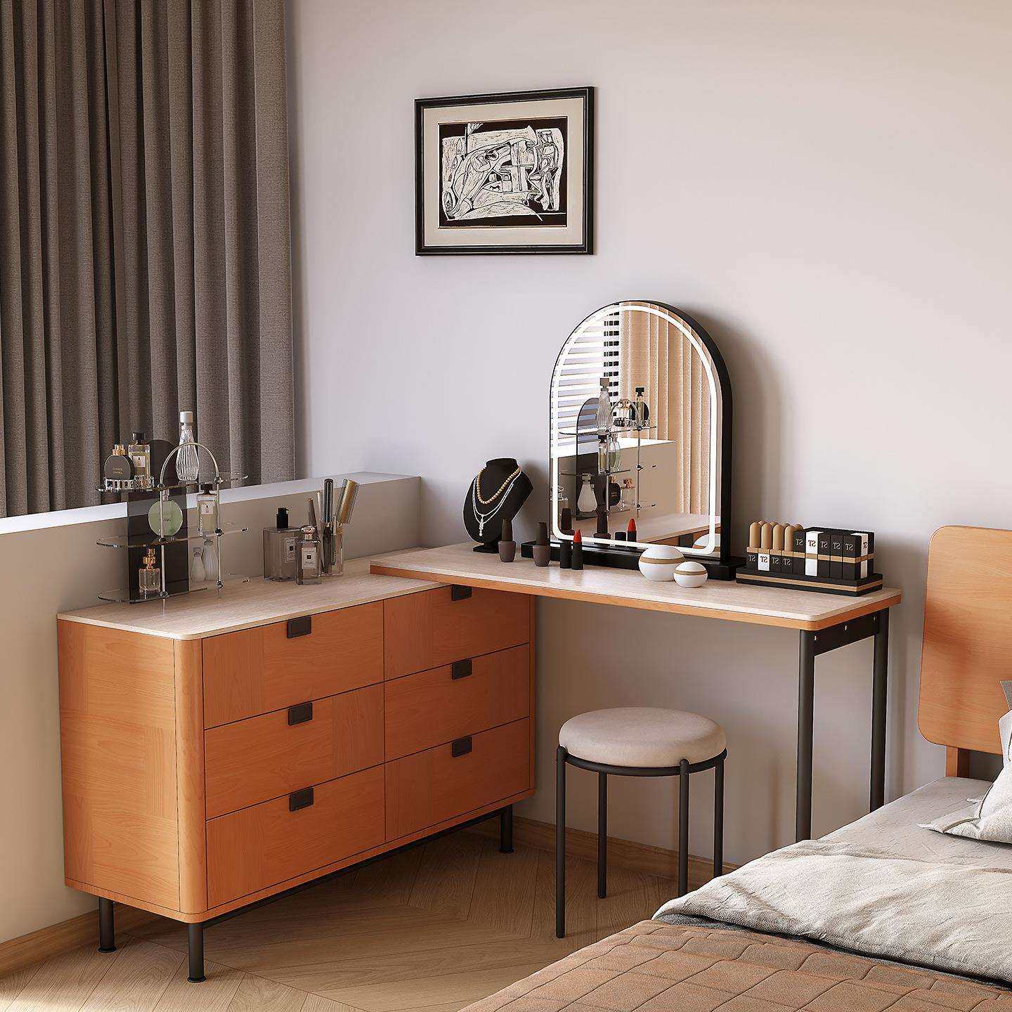 樱桃木色斗柜一体实木梳妆台家用小户型化妆桌岩板卧室收纳储物柜,3C数码配件,USB灯,淘宝优惠券,粉丝福利购,淘宝优惠卷