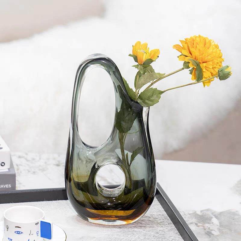 轻奢艺术琉璃花瓶客厅玄关提包花瓶装饰厚实玻璃插花花器摆件器皿