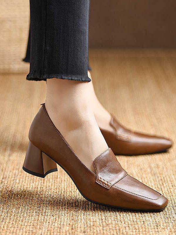 真皮棕色高跟乐福鞋女夏季2025新款英伦小皮鞋一脚蹬方头粗跟单鞋