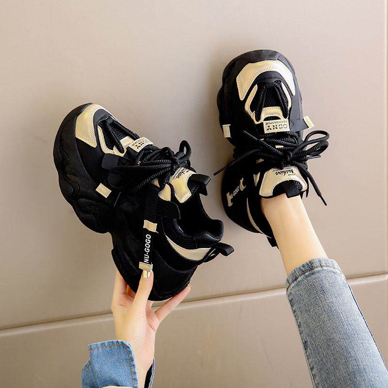 真皮黑色厚底老爹鞋女2025年新款春秋季小个子增高网面休闲运动鞋