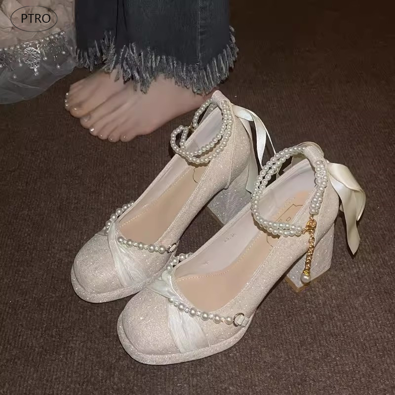 真皮粗跟玛丽珍鞋女2026新款禾秀婚纱两穿粗跟单鞋订婚新娘伴娘鞋
