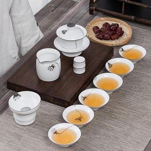 手绘莲蓬白瓷家用泡茶器整套陶瓷盖碗简约礼品 景德镇功夫茶具套装