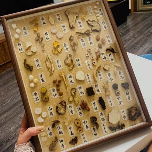 中药标本展示墙亚麻样板香料24节气文化墙挂画中医馆氛围布置装饰