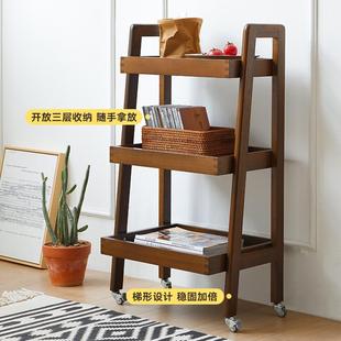 实木置物架带轮小推车家用阳台花架厨房可移动收纳架多层边几书架