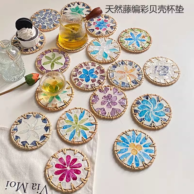 越南藤编贝壳杯垫茶杯垫隔热垫防烫垫子家用餐桌垫子圆形贝壳杯垫