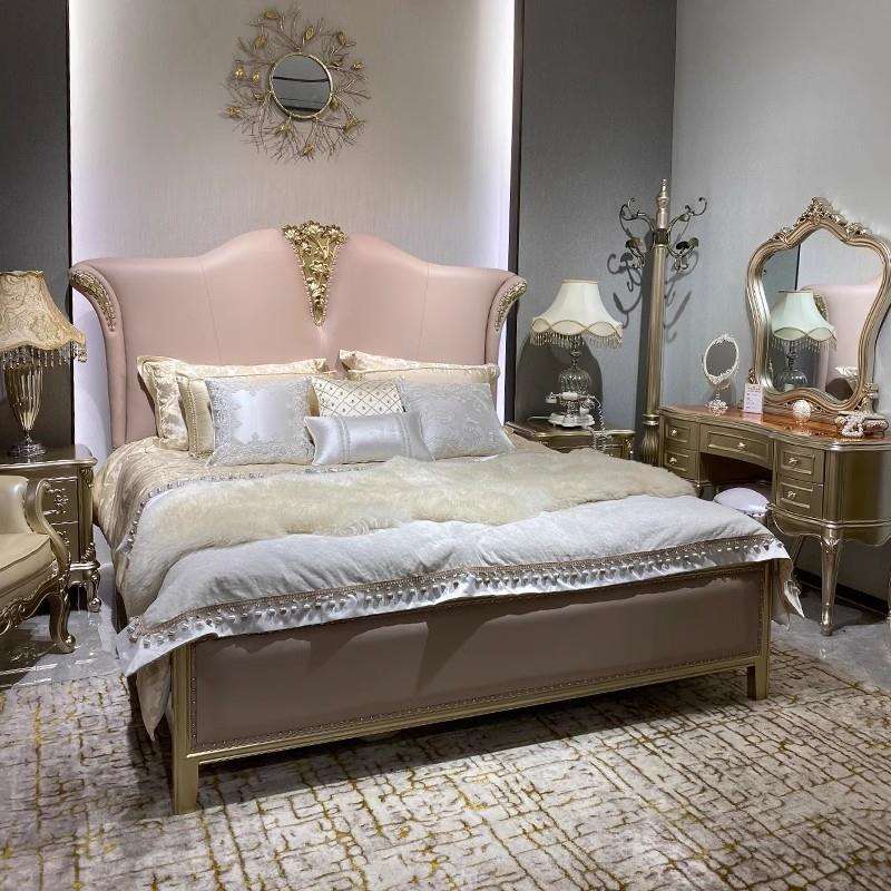 法式粉色公主床别墅主卧新款皮艺双人主卧床欧式新古典实木婚床