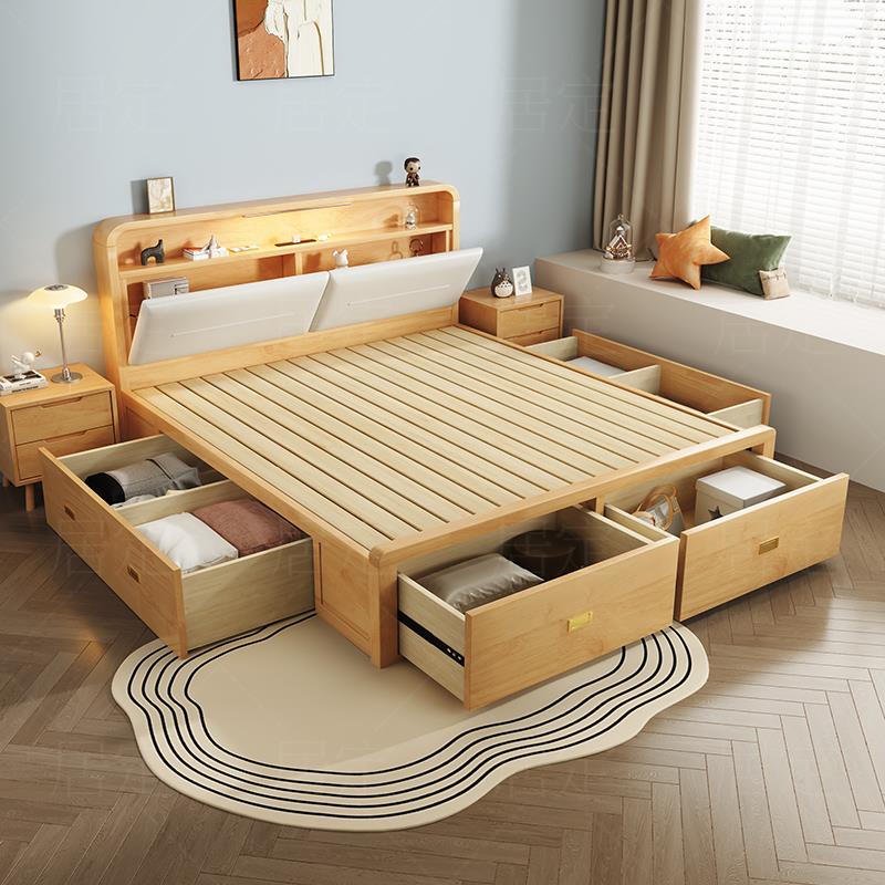 居定实木床现代简约双人主卧大床抽屉收纳床1.5m高箱储物床1.8米