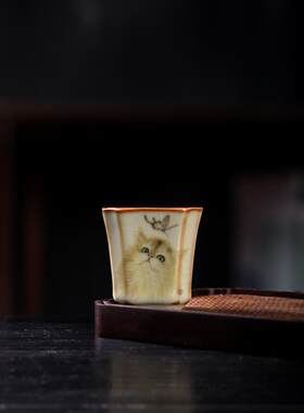 青玉汝窑描金丝猫茶主人杯中式茶盏汝瓷四方杯茶杯复古单品茗杯
