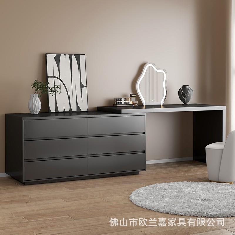 欧兰嘉厂家黑色梳妆台一体柜卧室实木床尾柜可伸缩转角化妆桌