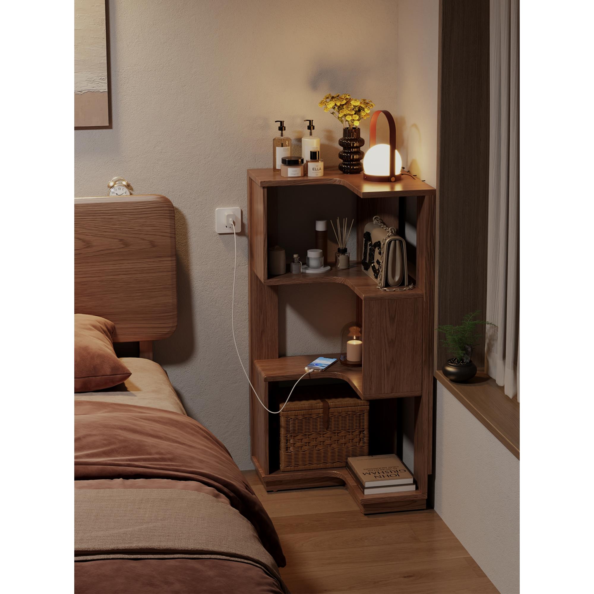 冬木实木转角床头柜落地床边置物架卧室书柜现代简约墙角床头书架