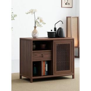 新中式茶水柜北美黑胡桃木可移动茶水台小户型茶边柜老榆木烧水柜