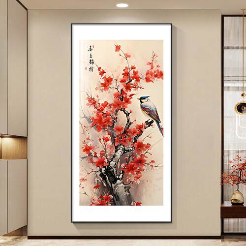 喜上眉梢入户玄关装饰画新中式梅花喜鹊竖版挂画大气走廊过道壁画