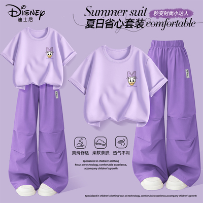 迪士尼女童夏装套装小女孩洋气穿搭女大童纯棉短袖t恤儿童工装裤