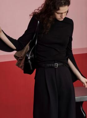 peur一字领T恤纯色极简纯色长袖日本进口修身型通勤拉链款上衣