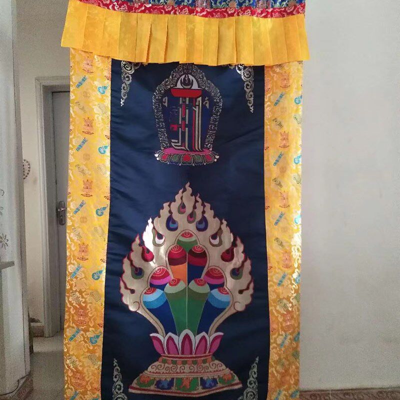 精品藏式门帘 十相自在 蓝色摩尼宝火焰图案 21米