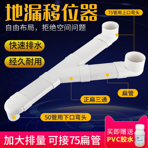 50/75PVC排水管位移扁管转变接头配件卫生间面盆下水道地漏移位器