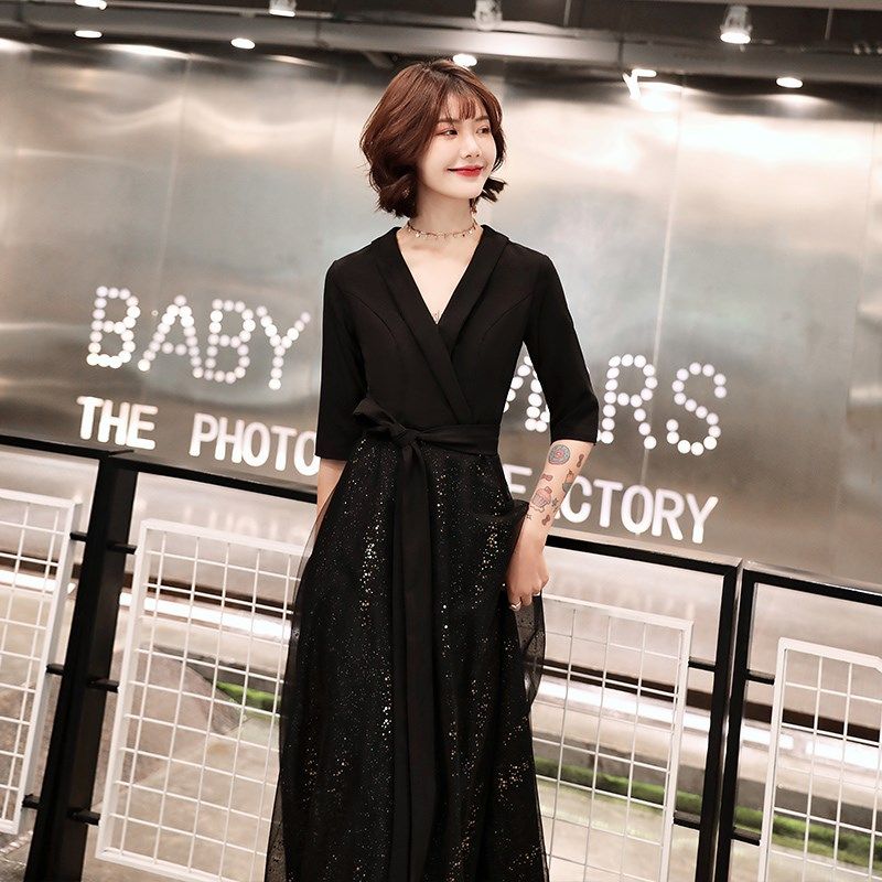 黑色晚礼服长款宴会气质学生艺考连衣裙合唱指挥年会支持人演出