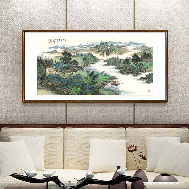 春江坐钓图国画山水画中式客厅青绿山水装饰画办公室挂画酒店字画