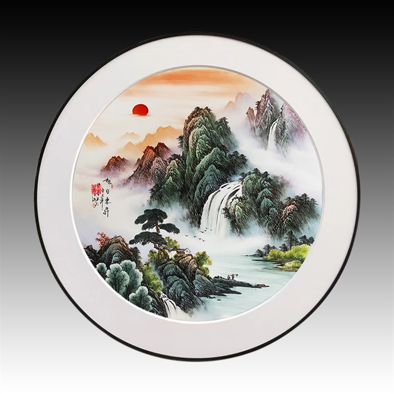 景德镇陶瓷手绘山水瓷板画客厅圆形挂画乔迁玄关卧室新中式装饰画